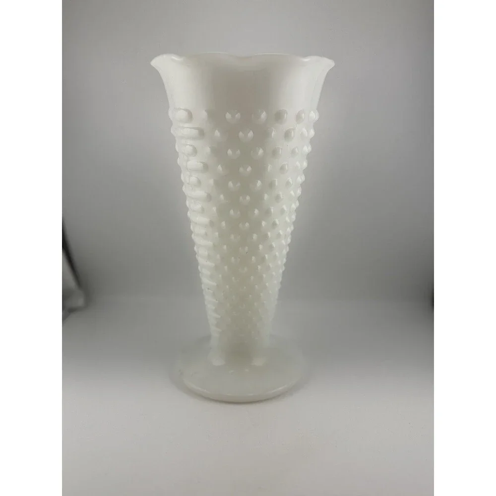 Vintage Anchor Hocking Milk Glass Hobnail Vase Scalloped Rim 9.5” Footed White